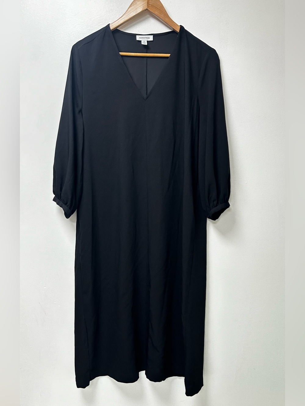 Nordstrom Black V-Neck Midi Shift Dress Relaxed Fit 3/4 Puff Sleeve Size XS